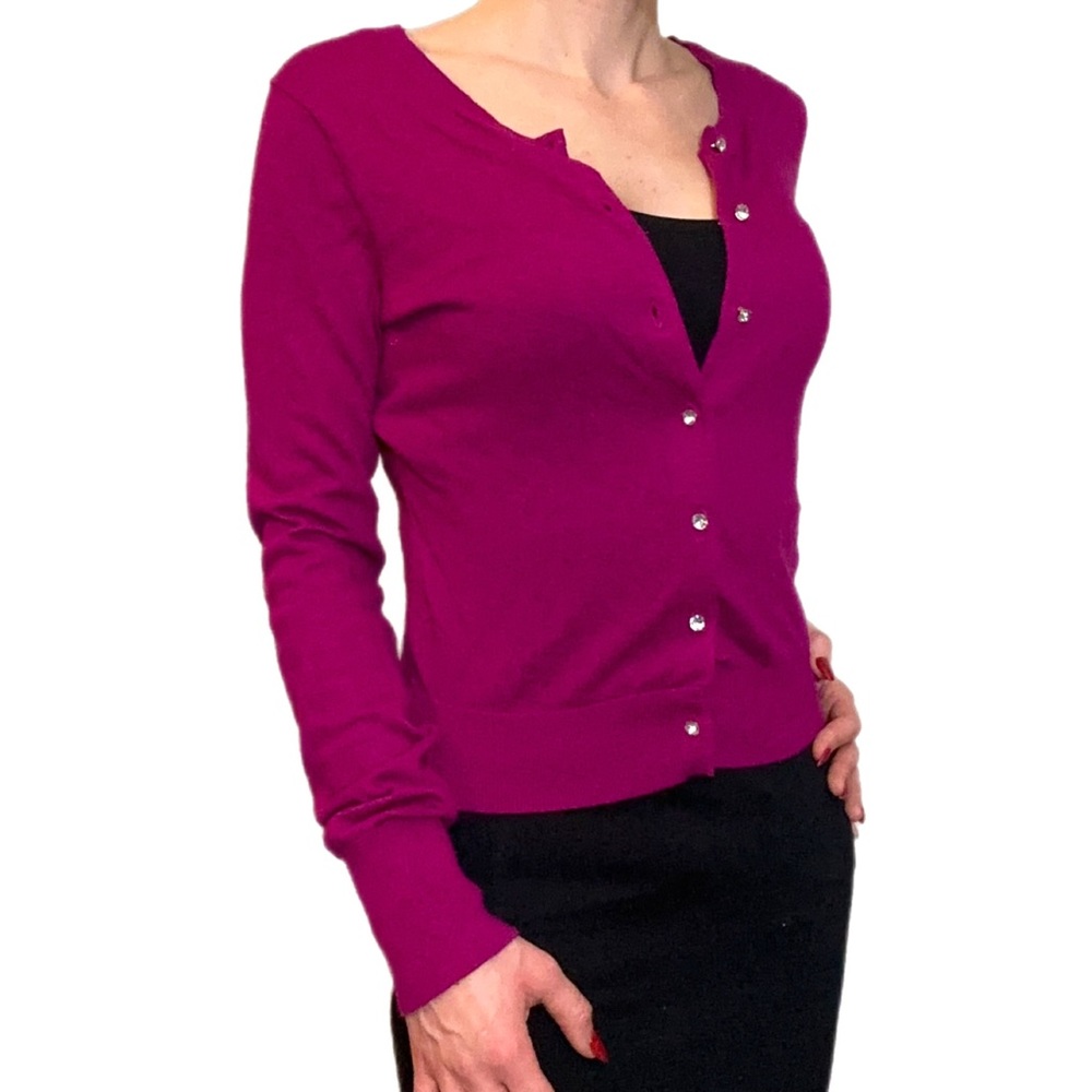 Express magenta cardigan with rhinestone buttons